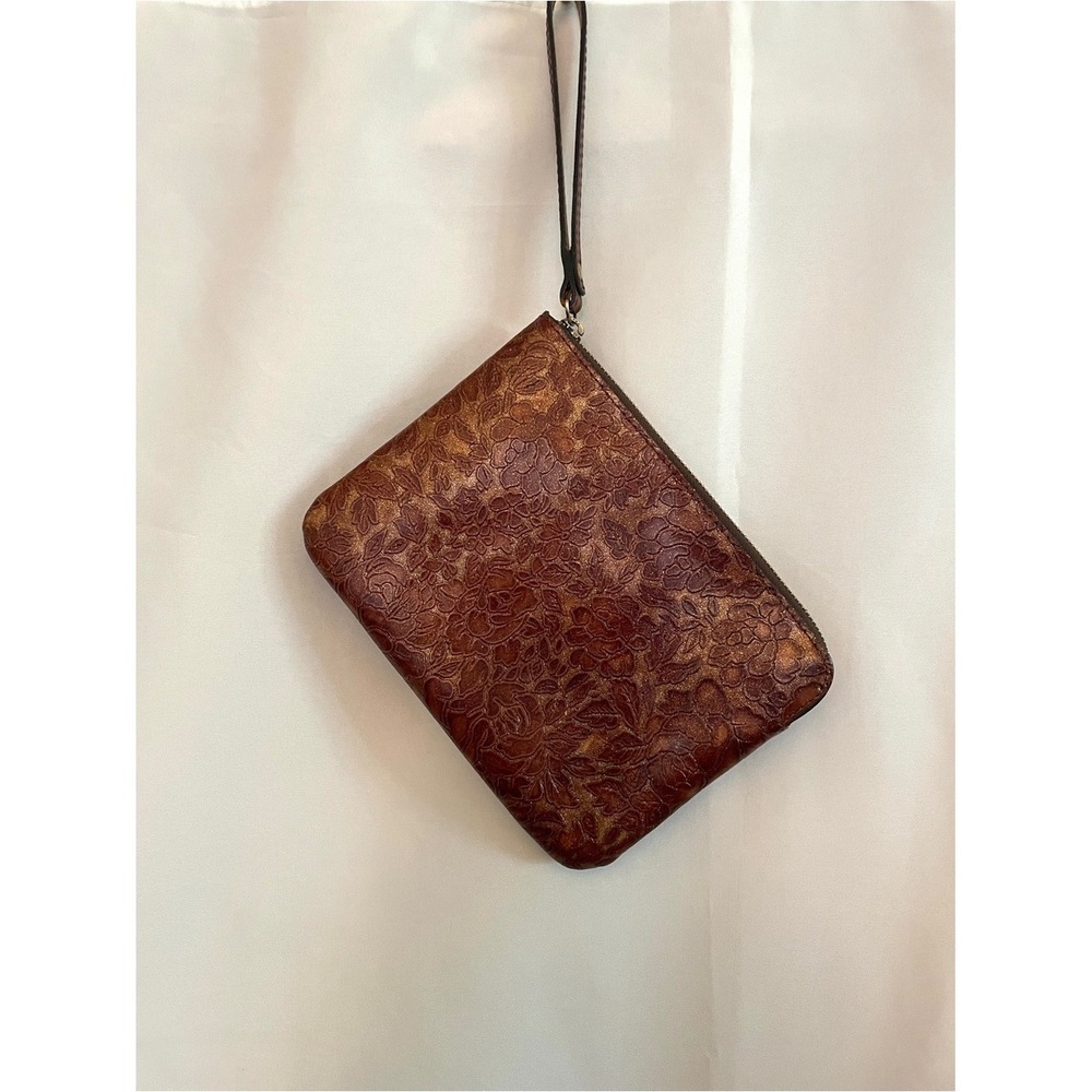 Patricia Nash Embossed Floral Leather Zip Pouch Brown excellent condition